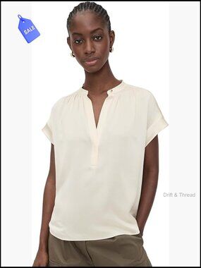 Silk Gathered Neck Cap Sleeve Blouse, Size M, Elegant Top
